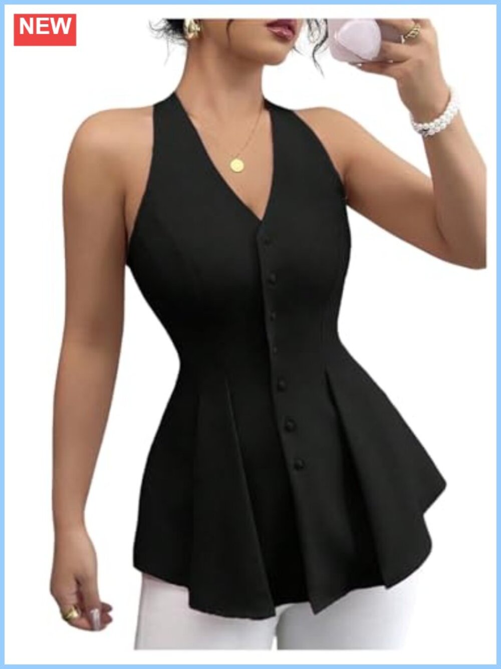 Women's Button Up Sleeveless Ruffle Hem Blouse Halter Neck Work Office Tank Top